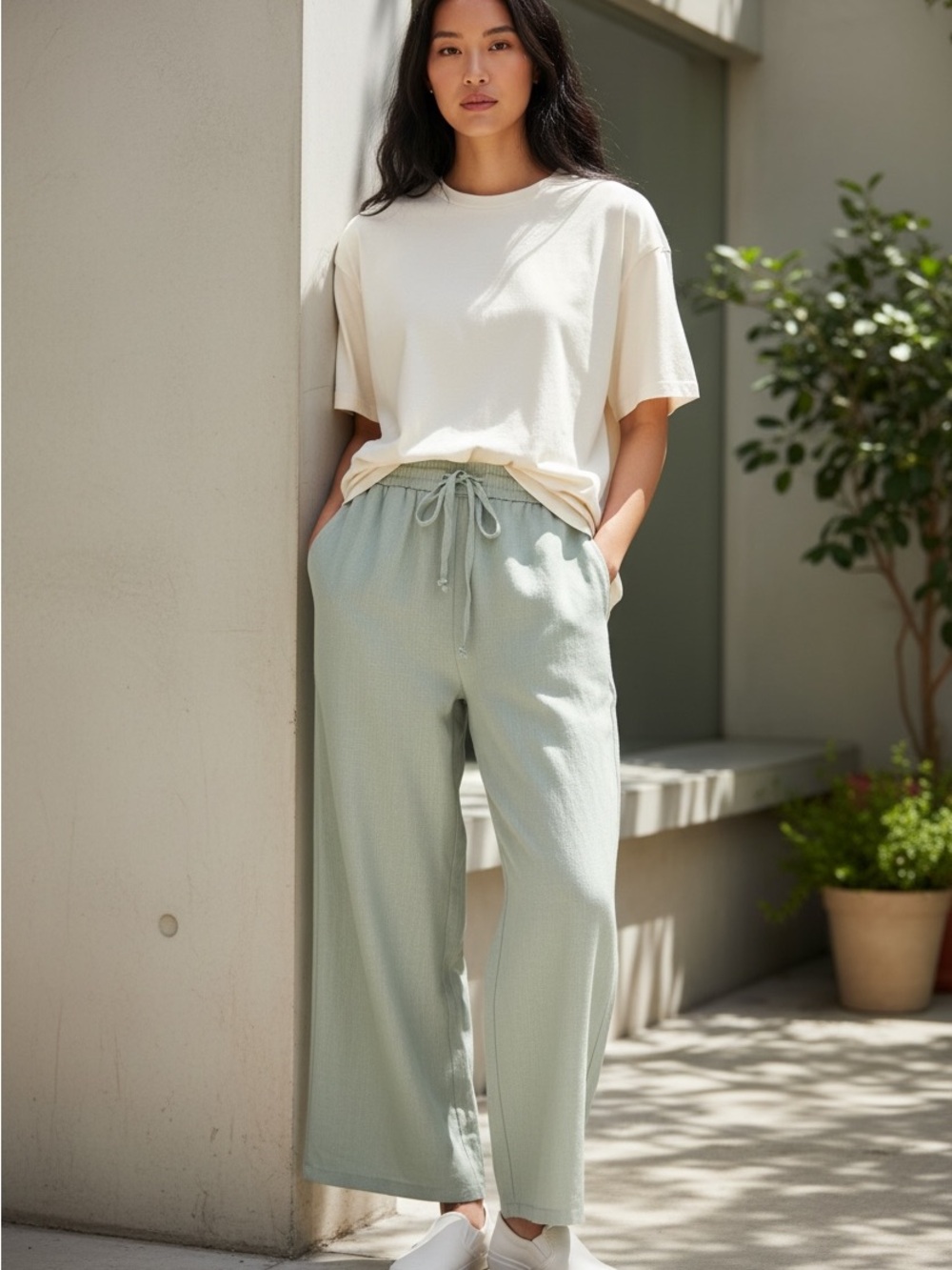 Halara Linen Look Butter Soft Wide Leg Pants Sage Green XS Regular NWT Pockets